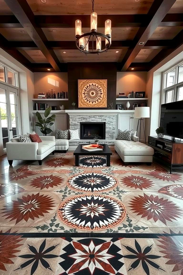 Patterned Inlays on Concrete Floors - 24 Concrete Floor Living Room Ideas