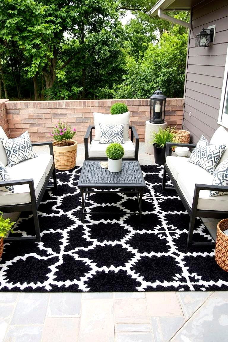 Patterned Outdoor Rug with Bold Graphics - 24 Black and White Patio Ideas