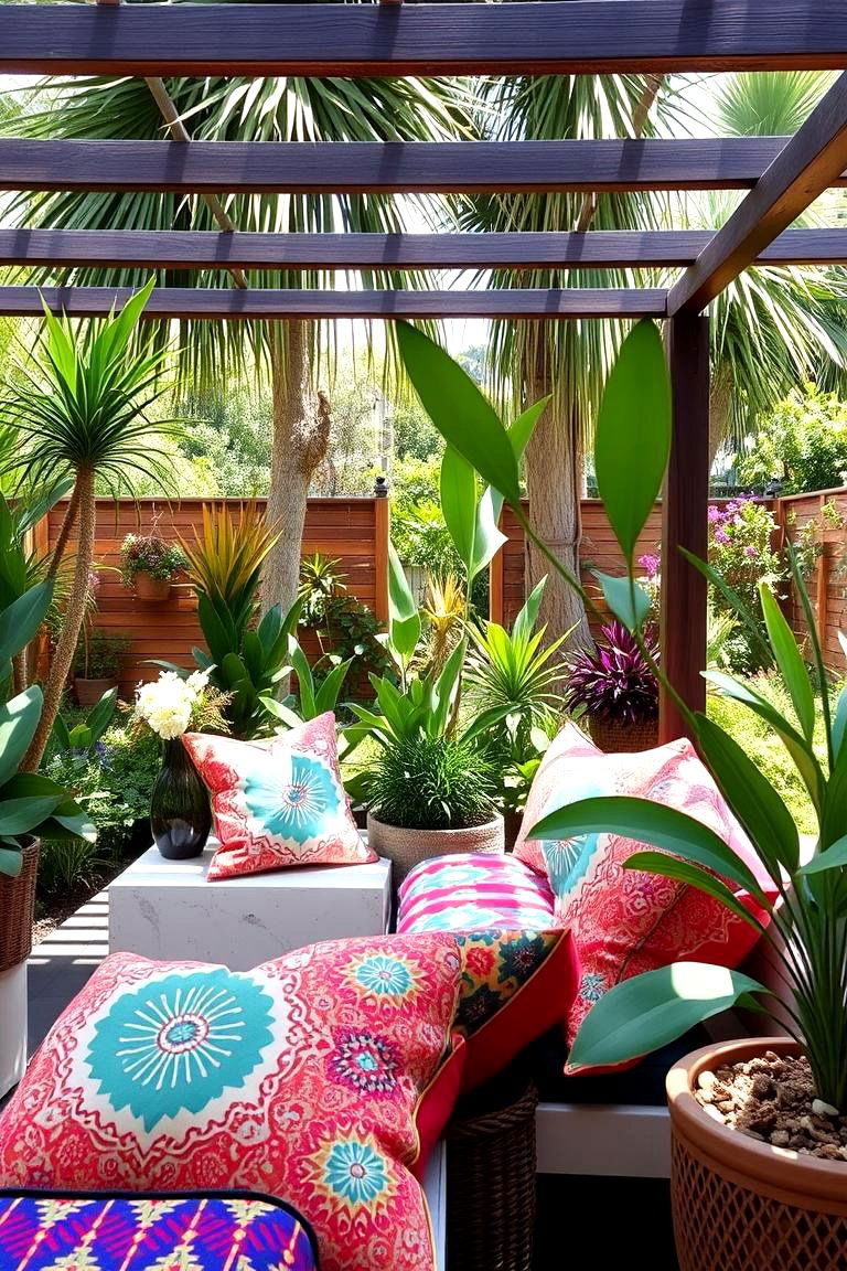 Patterned Pillow Garden Oasis - 24 Boho Patio Ideas