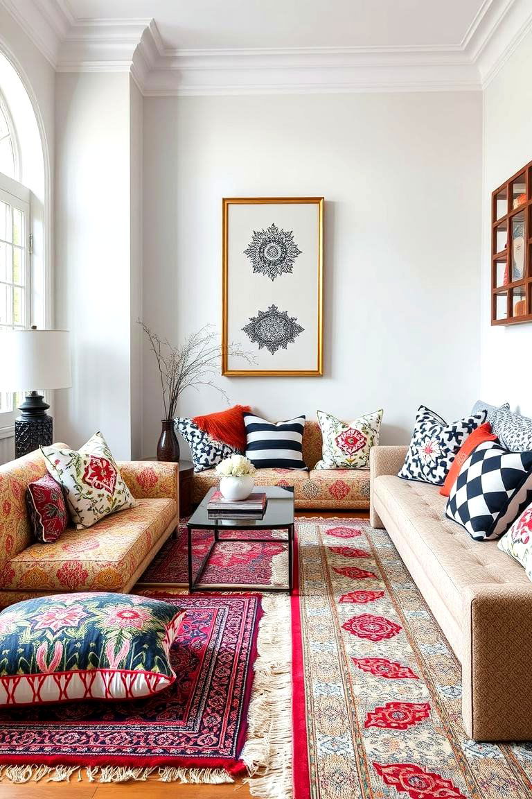 Patterned Rugs and Pillows - 24 Black and White Boho Living Room Ideas