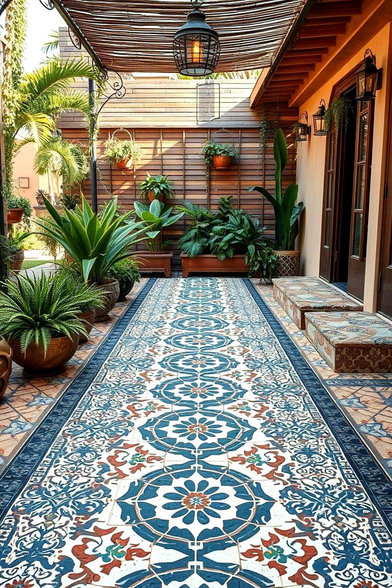 Patterned Tile Patio Walkway - 24 Boho Patio Ideas