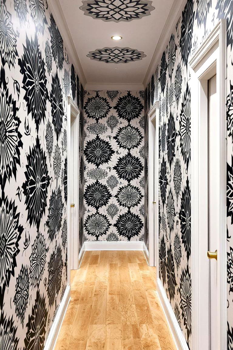 Patterned Wallpaper Accent - 24 Black and White Hallway Ideas
