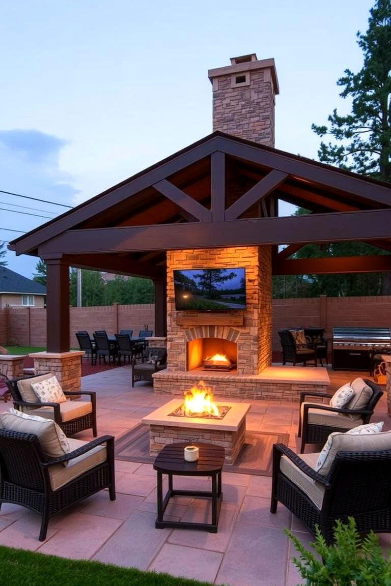 Pavilion with an Outdoor Fireplace and TV Area - 24 Backyard Pavilion With Fireplace