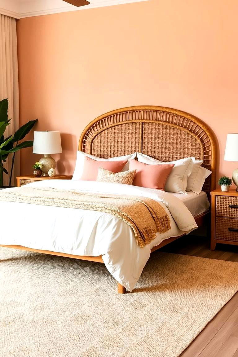 Peach and Rattan Accents - 24 Peach Bedroom Ideas