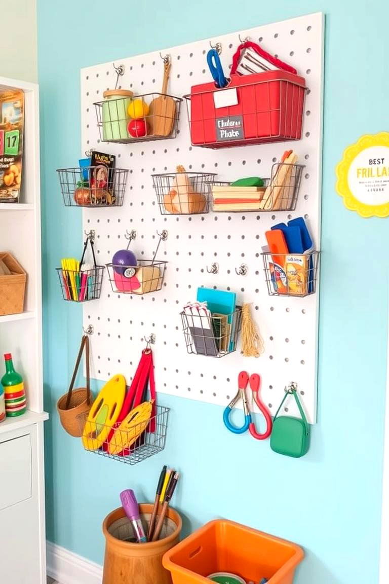 Pegboards with Baskets and Hooks - 24 Toy Storage Ideas