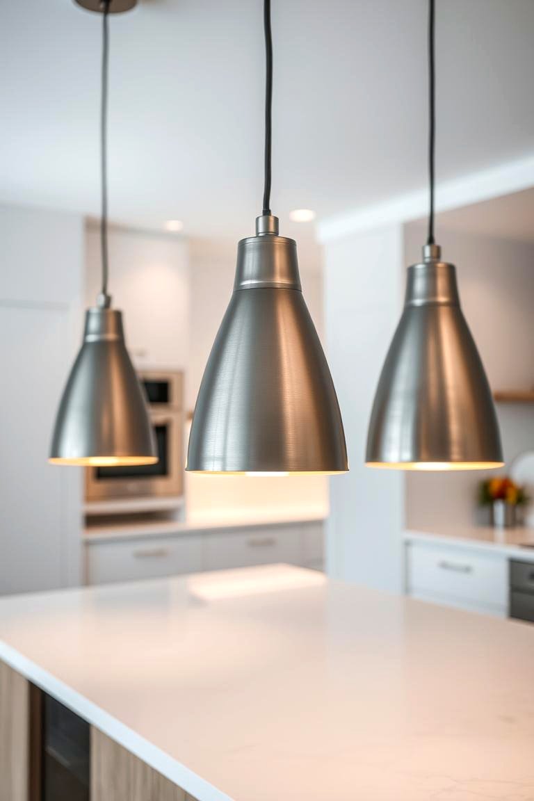 Pendant Lighting with Metallic Grey Flair - 24 Grey and White Kitchen Designs