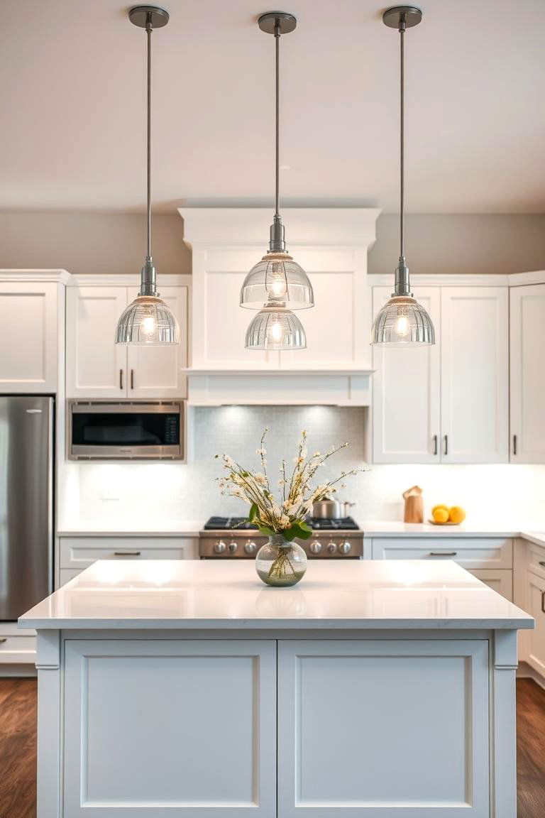 Pendant Lighting with Stainless Steel Finishes Above the Island - 24 White Kitchen with Stainless Steel Appliances Ideas