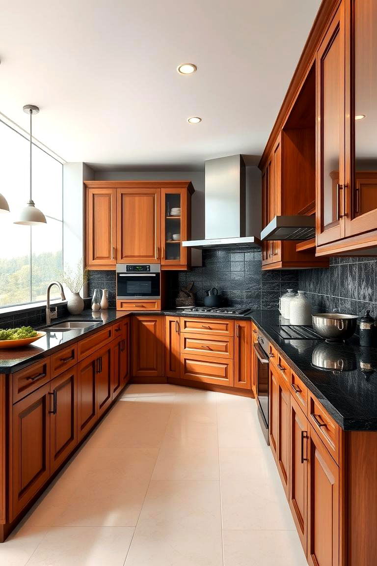Perfect Color Harmony - 24 Brown Kitchen Cabinets With Black Countertops
