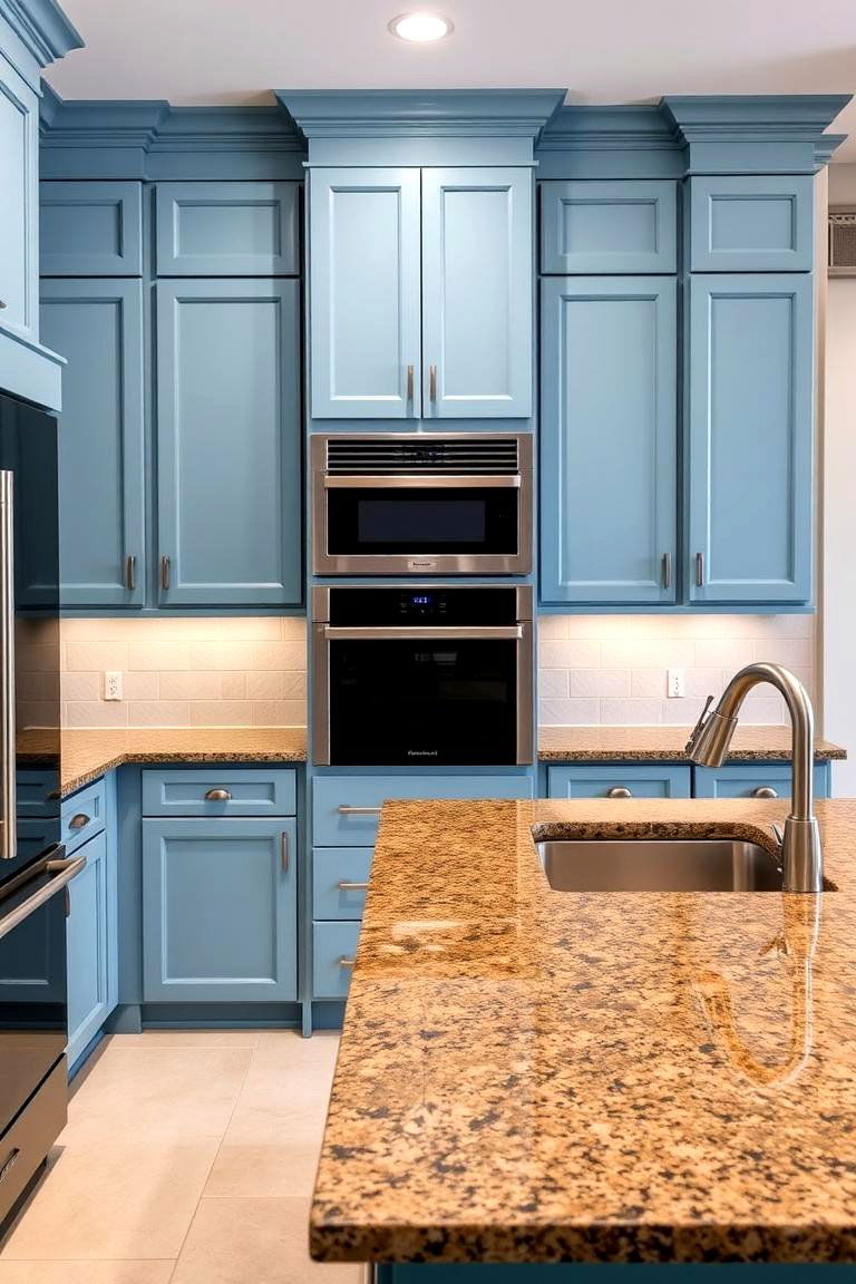 Perfect Match for Modern Home Interiors - 24 blue kitchen cabinets with brown granite countertops