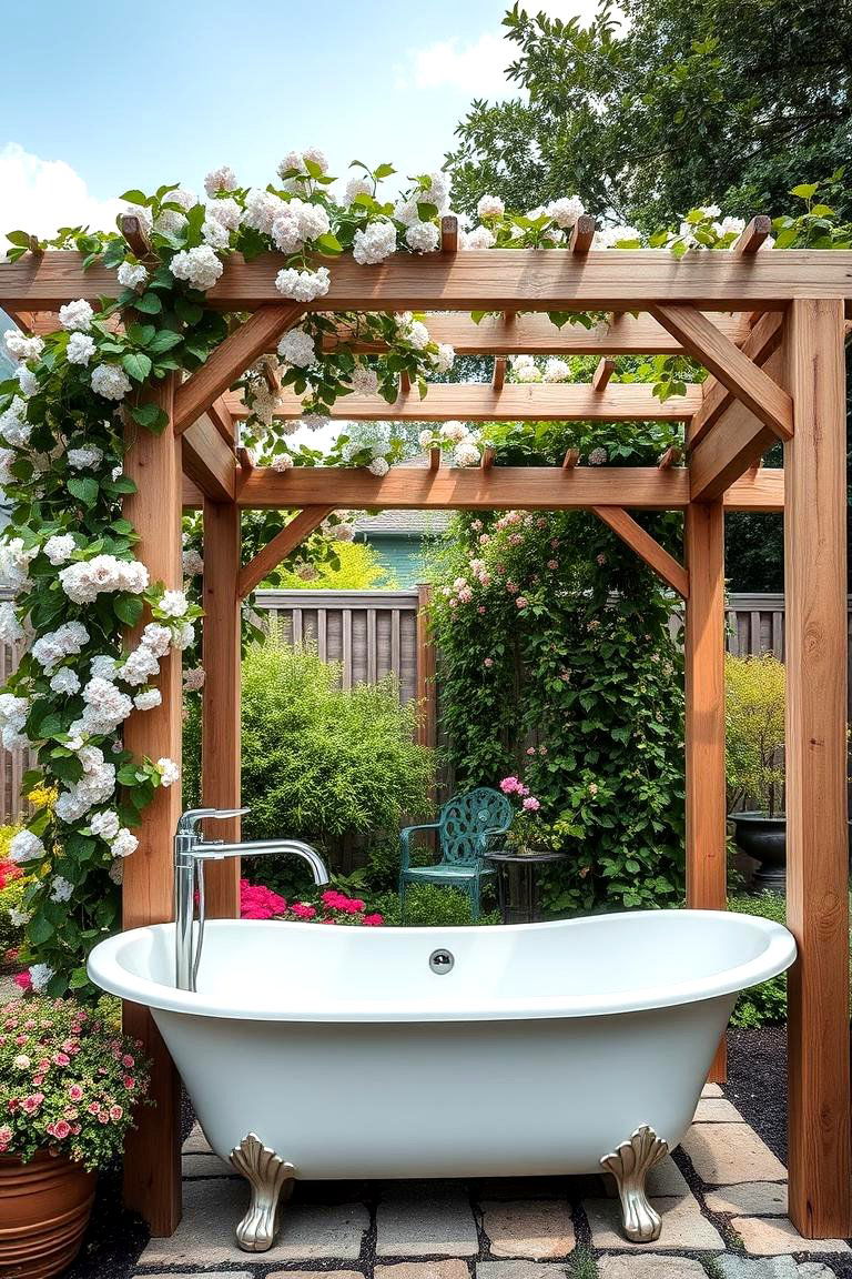 Pergola Covered Outdoor Bathtub - 24 Outdoor Bathroom Ideas
