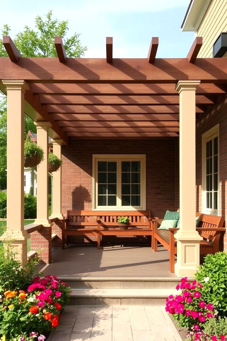 Pergola with Built In Benches - 24 Front Porch Pergola Ideas
