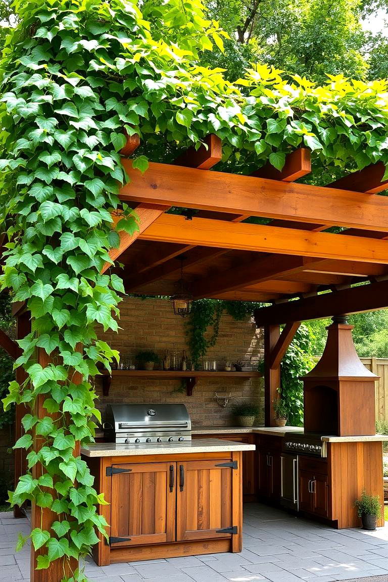 Pergola with Climbing Vines - 24 Rustic Outdoor Kitchen Ideas