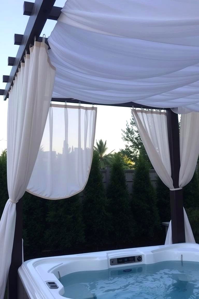 Pergola with Draped Curtains - 24 Backyard Hot Tub Privacy Ideas