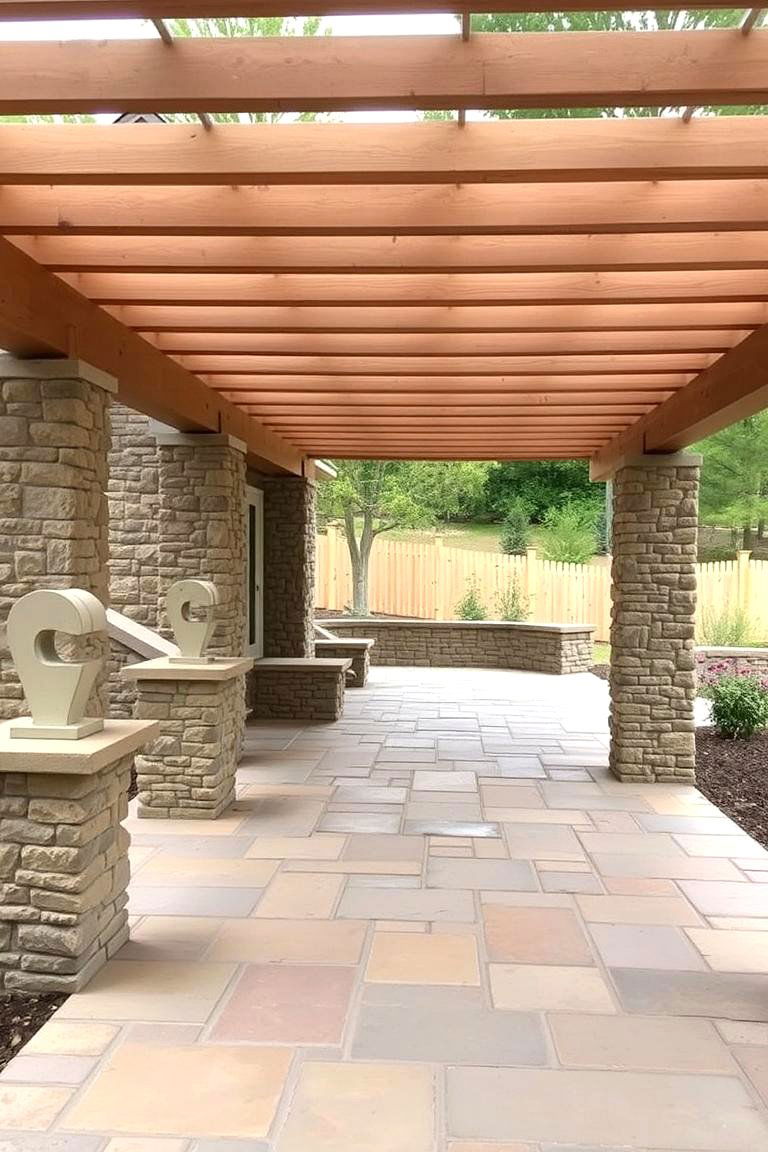Pergola with Stone Elements - 24 Front Porch Pergola Ideas