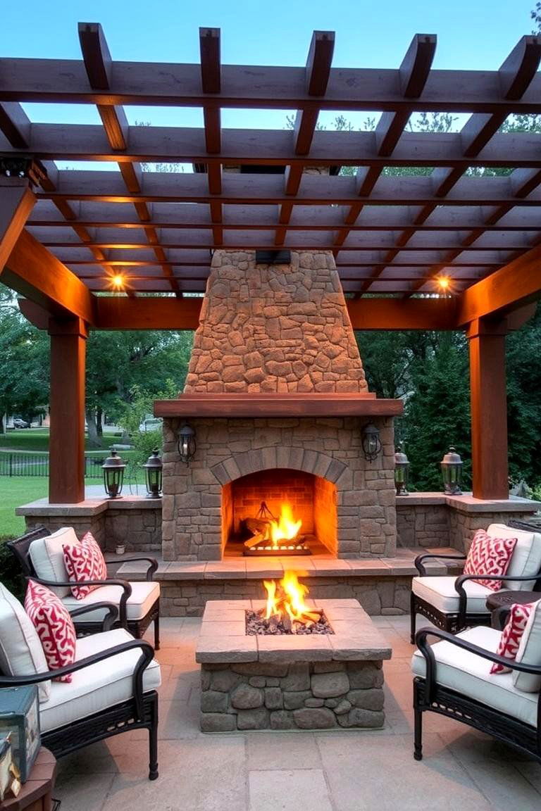 Pergola with a Built In Fireplace - 24 Front Porch Pergola Ideas