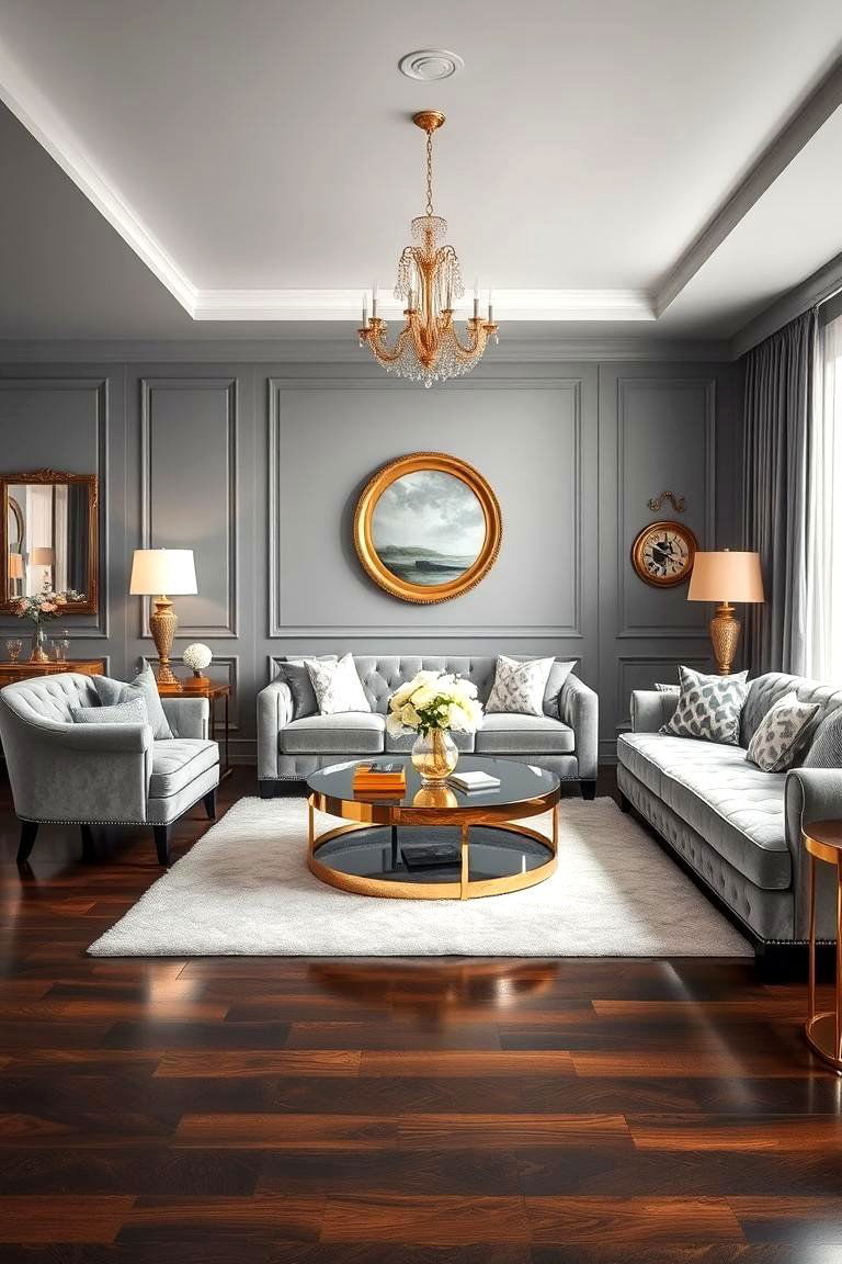 Personalizing the Space with Artwork - 24 Grey Living Room With Dark Wood Floors