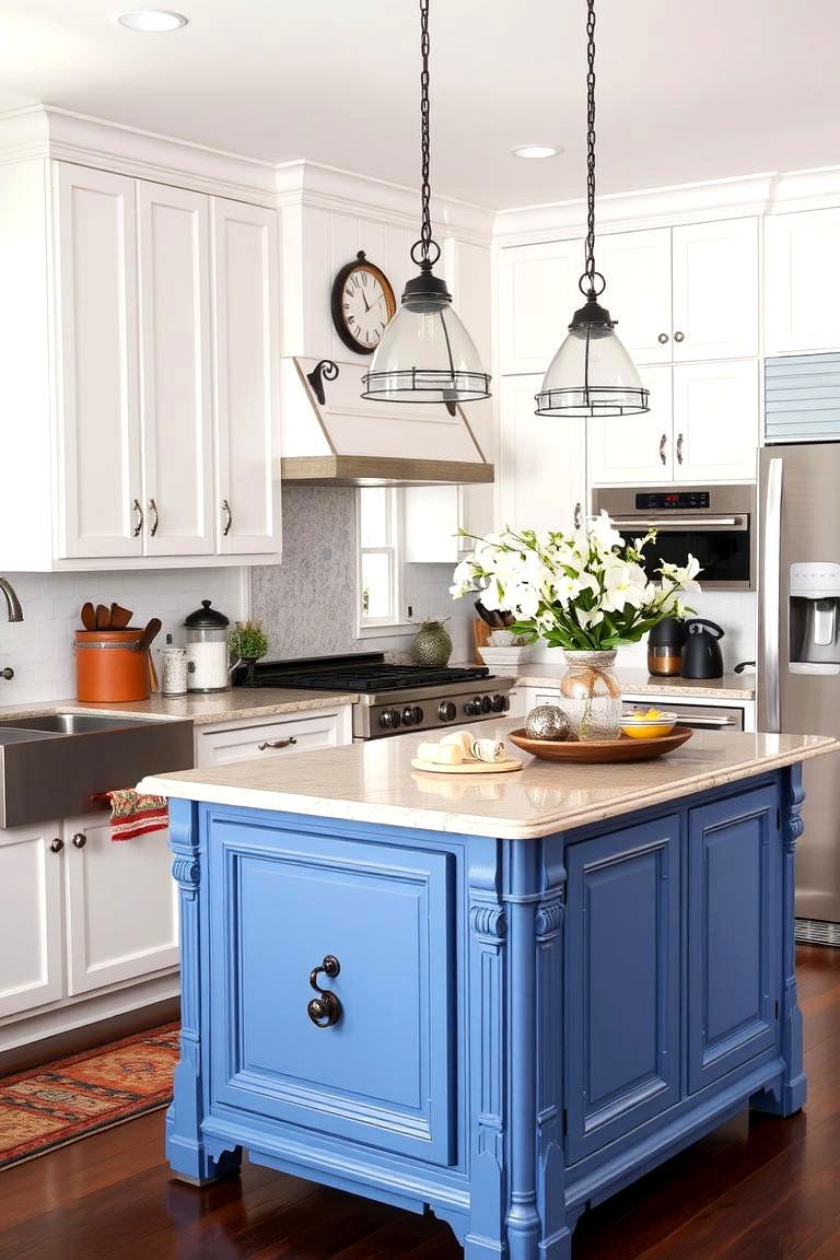 Personalizing with Decorative Accents - 24 White Kitchen Cabinets With Blue Island