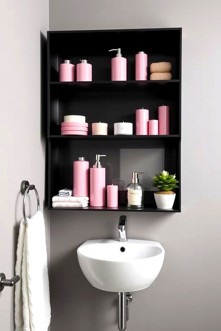 Pink Accessories on a Black Shelf - 24 Pink and Black Bathroom Ideas