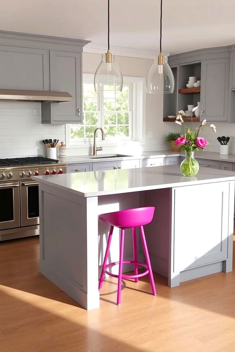 Pink Bar Stools at a Neutral Island - 24 Pink Kitchen Ideas