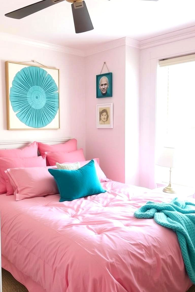 Pink Bedding with Teal Wall Art - 24 Teal and Pink Bedroom Ideas