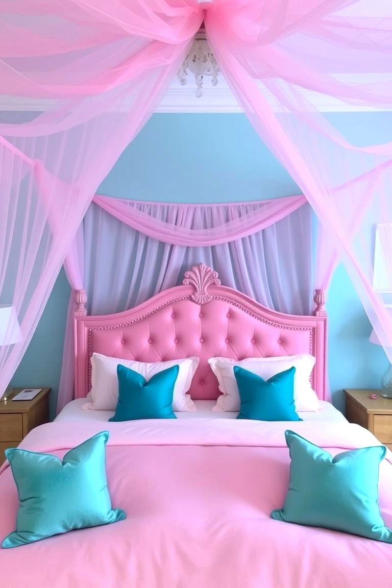 Pink Canopy Bed with Teal Pillows - 24 Teal and Pink Bedroom Ideas