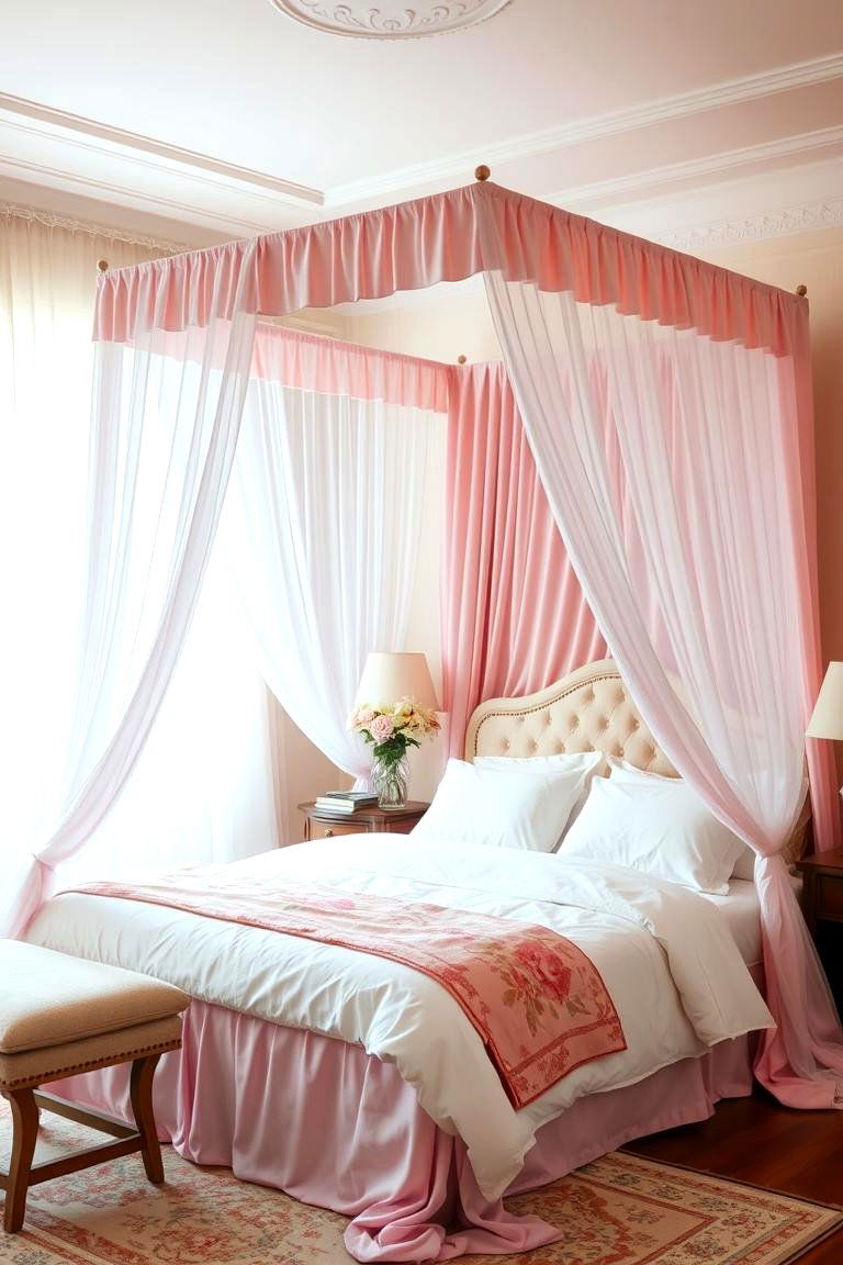 Pink Canopy Bed with White Bedding - 24 Pink and White Bedroom Ideas