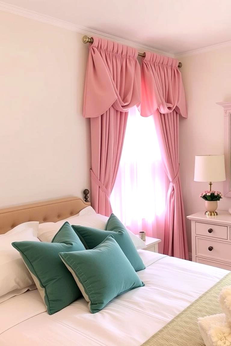 Pink Curtains with Teal Throw Pillows - 24 Teal and Pink Bedroom Ideas