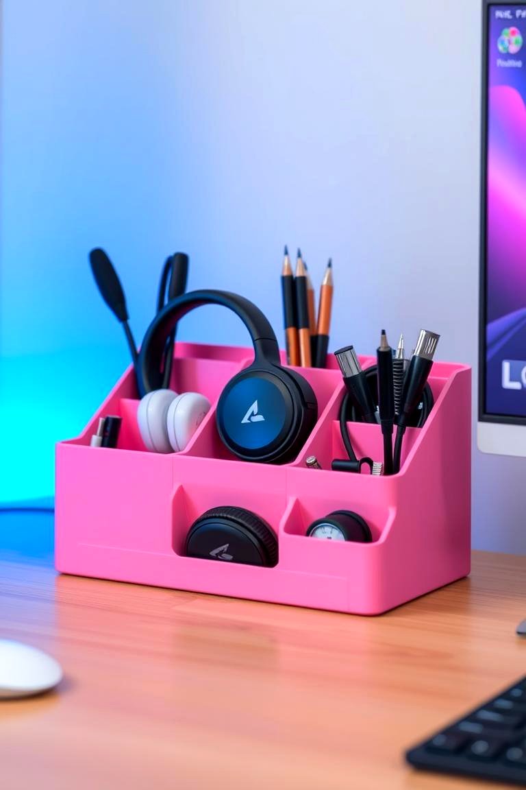 Pink Desk Organizer for Accessories - 24 Pink Gaming Setup Ideas
