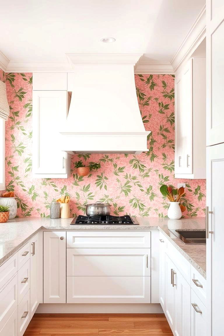 Pink Floral Wallpaper Accent Wall - 24 Pink Kitchen Ideas