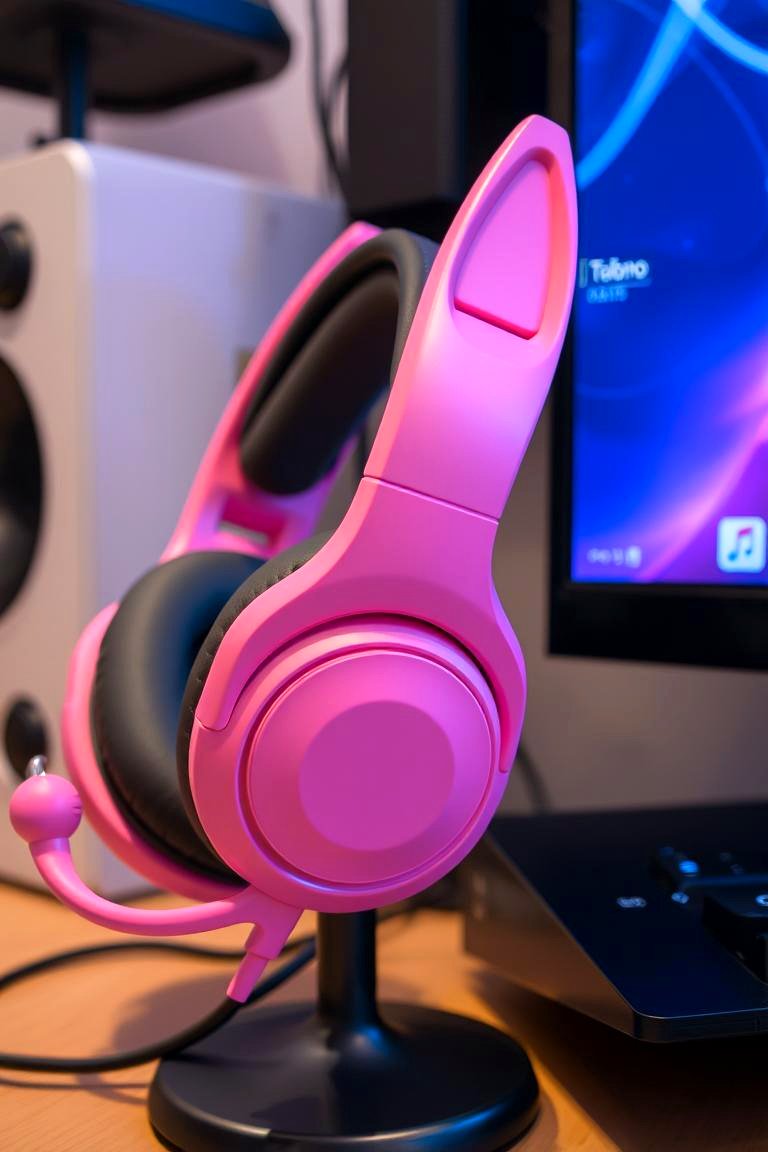 Pink Gaming Headset with Cat Ears - 24 Pink Gaming Setup Ideas
