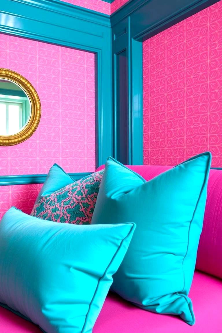 Pink Geometric Wallpaper with Teal Accents - 24 Teal and Pink Bedroom Ideas