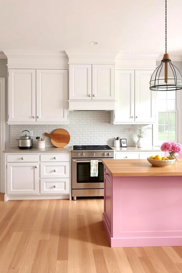 Pink Kitchen Island with Natural Wood Top - 24 Pink Kitchen Ideas