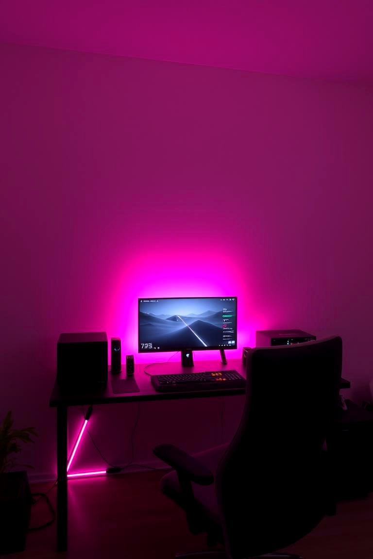 Pink LED Strip Lighting Behind the Desk - 24 Pink Gaming Setup Ideas