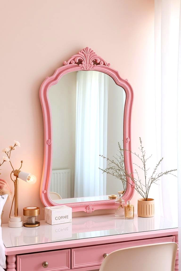 Pink Mirror and Vanity Area - 24 Pink Dorm Room Ideas