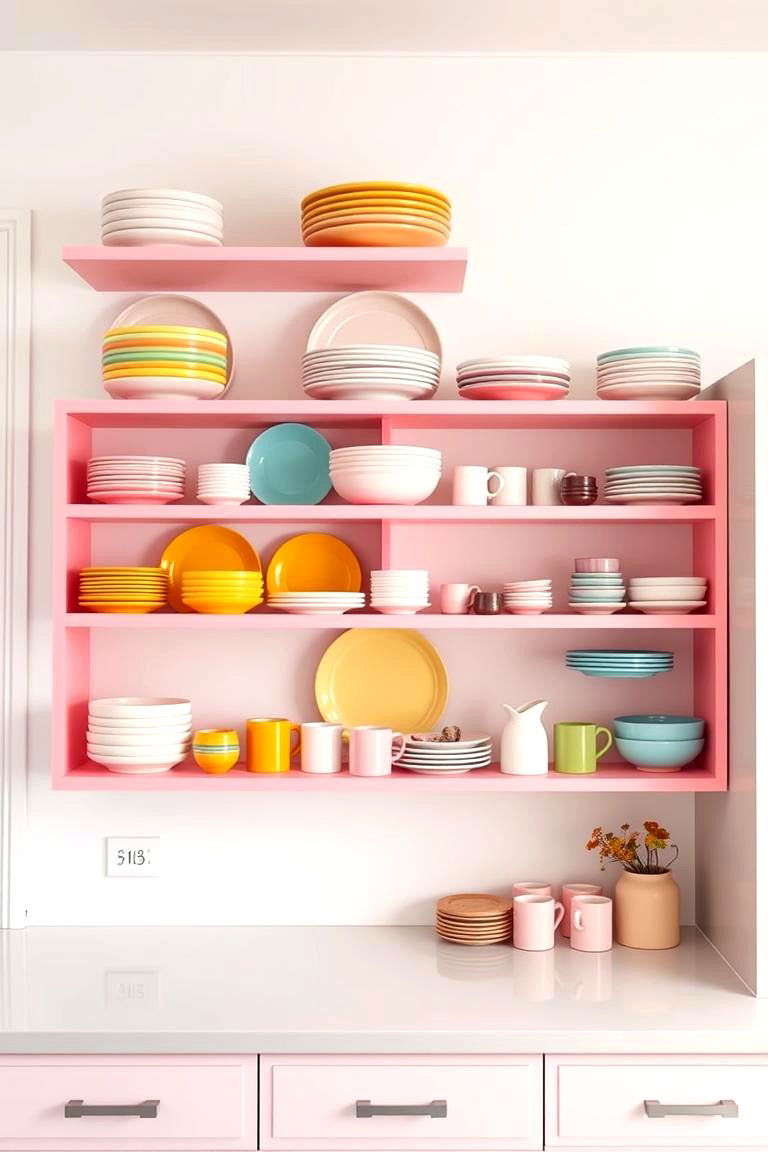 Pink Open Shelving with Colorful Dishes - 24 Pink Kitchen Ideas