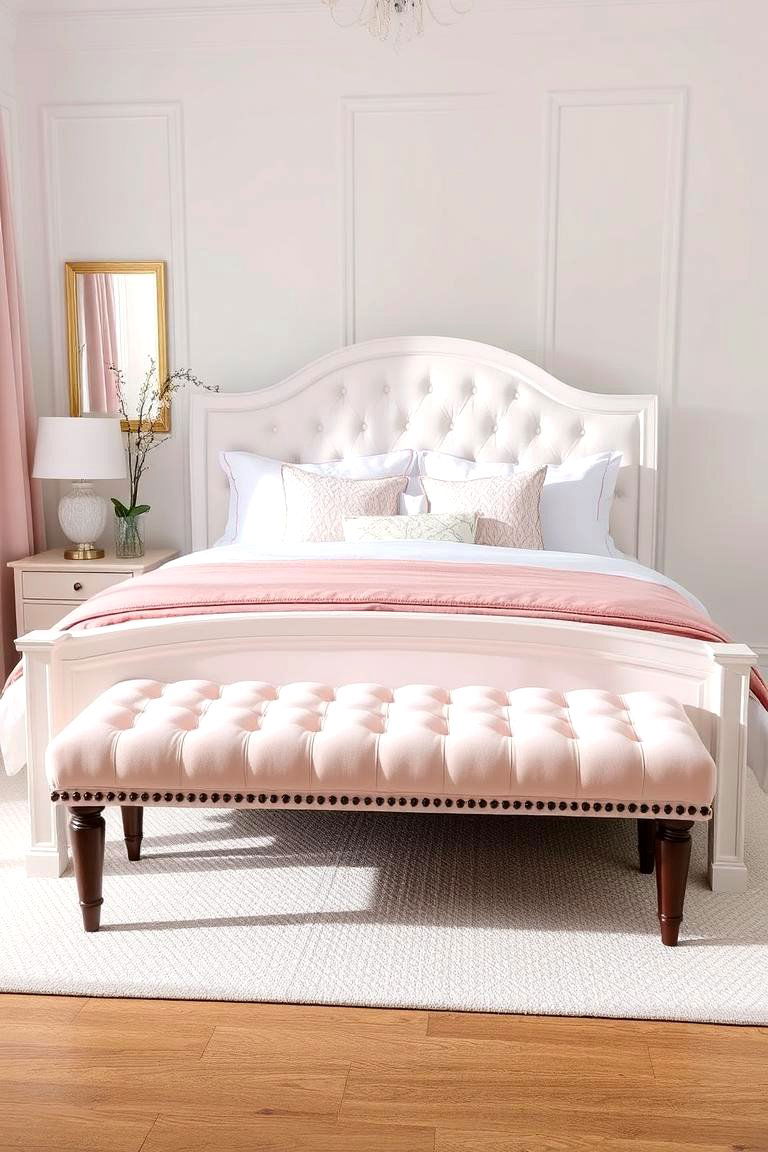 Pink Ottoman at the Foot of a White Bed - 24 Pink and White Bedroom Ideas