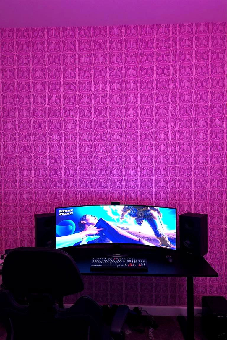 Pink Patterned Wallpaper on an Accent Wall - 24 Pink Gaming Setup Ideas