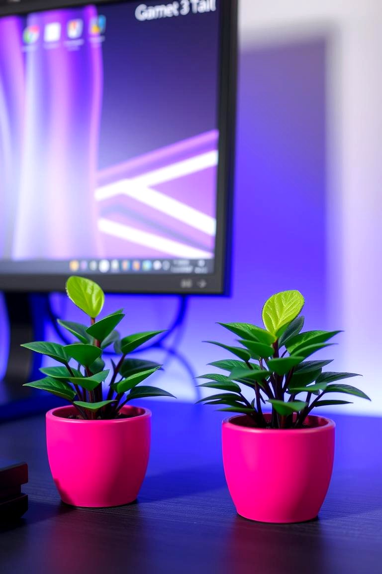 Pink Plant Pots with Faux Plants - 24 Pink Gaming Setup Ideas