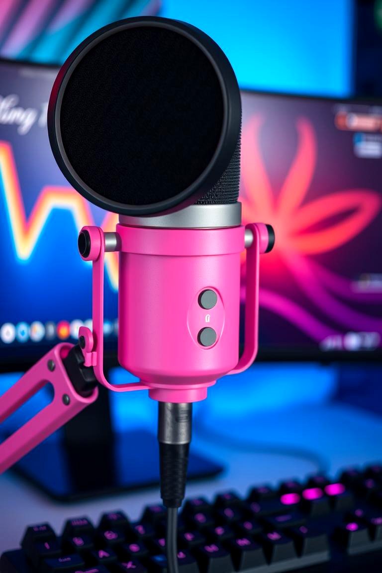Pink Streaming Microphone with Pop Filter - 24 Pink Gaming Setup Ideas