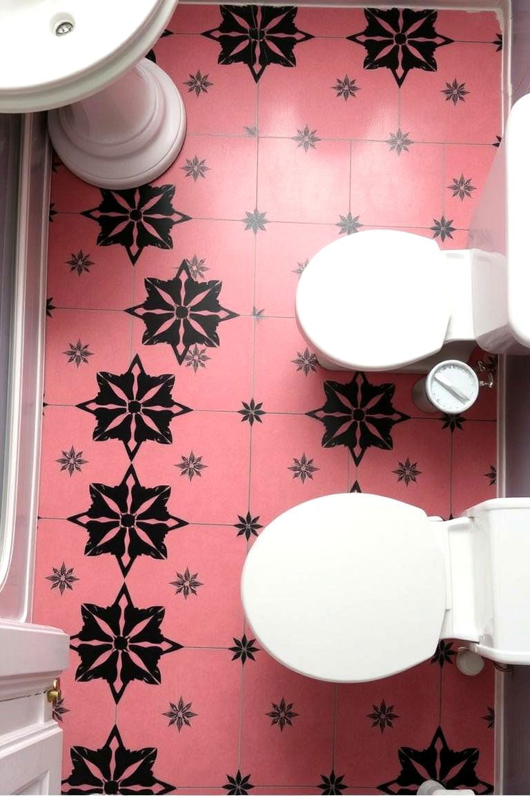 Pink and Black Patterned Tiles - 24 Pink and Black Bathroom Ideas
