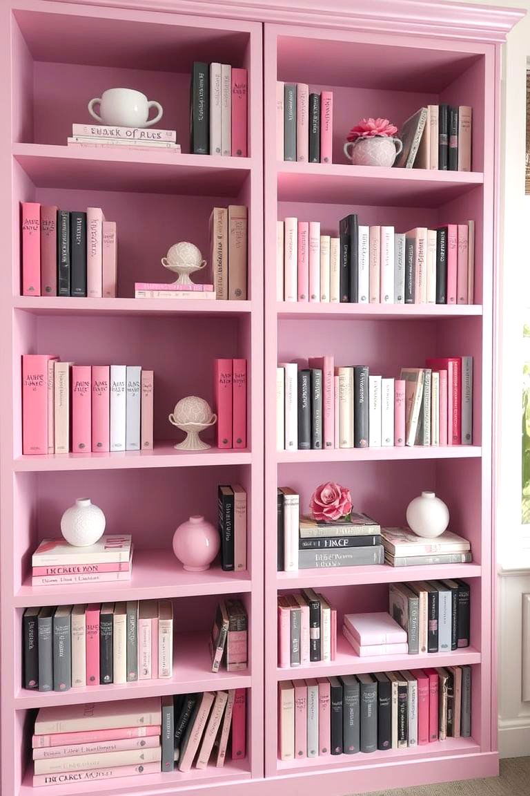 Pink and Grey Bookshelves - 24 Pink and Grey Living Room Ideas