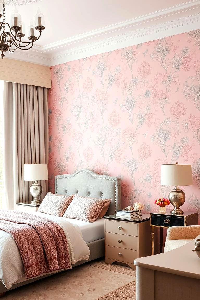 Pink and Grey Patterned Wallpaper - 24 Pink and Grey Bedroom Ideas
