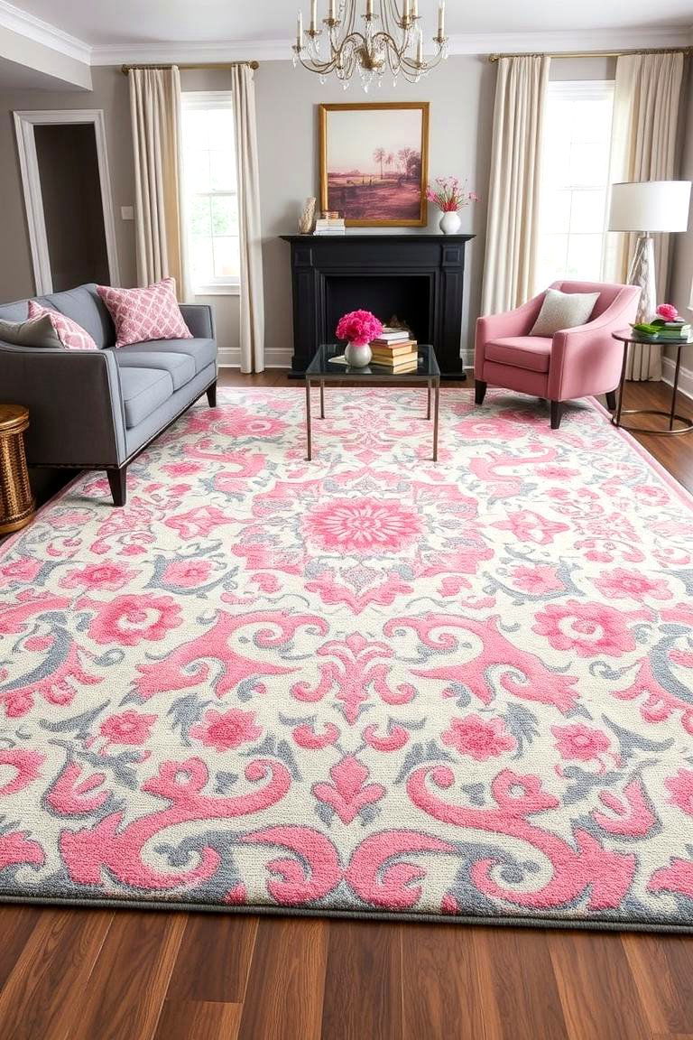 Pink and Grey Rug as a Centerpiece - 24 Pink and Grey Living Room Ideas