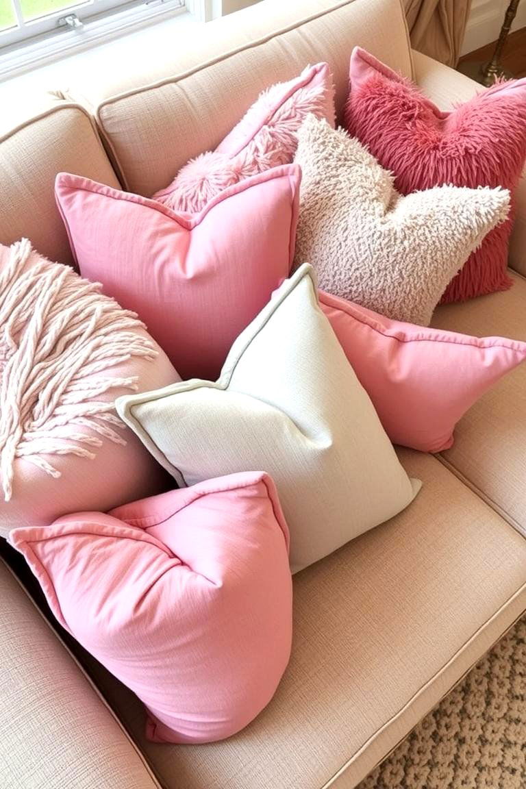 Pink and Grey Throw Pillows on a Neutral Sofa - 24 Pink and Grey Living Room Ideas