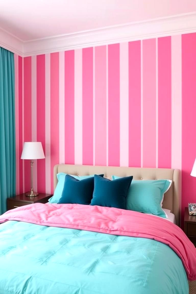 Pink and Teal Striped Walls - 24 Teal and Pink Bedroom Ideas