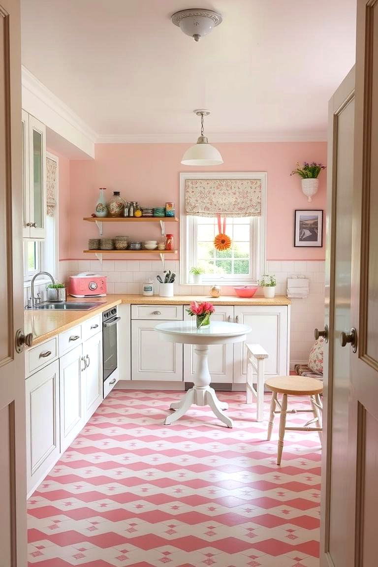 Pink and White Checkerboard Floor - 24 Pink Kitchen Ideas