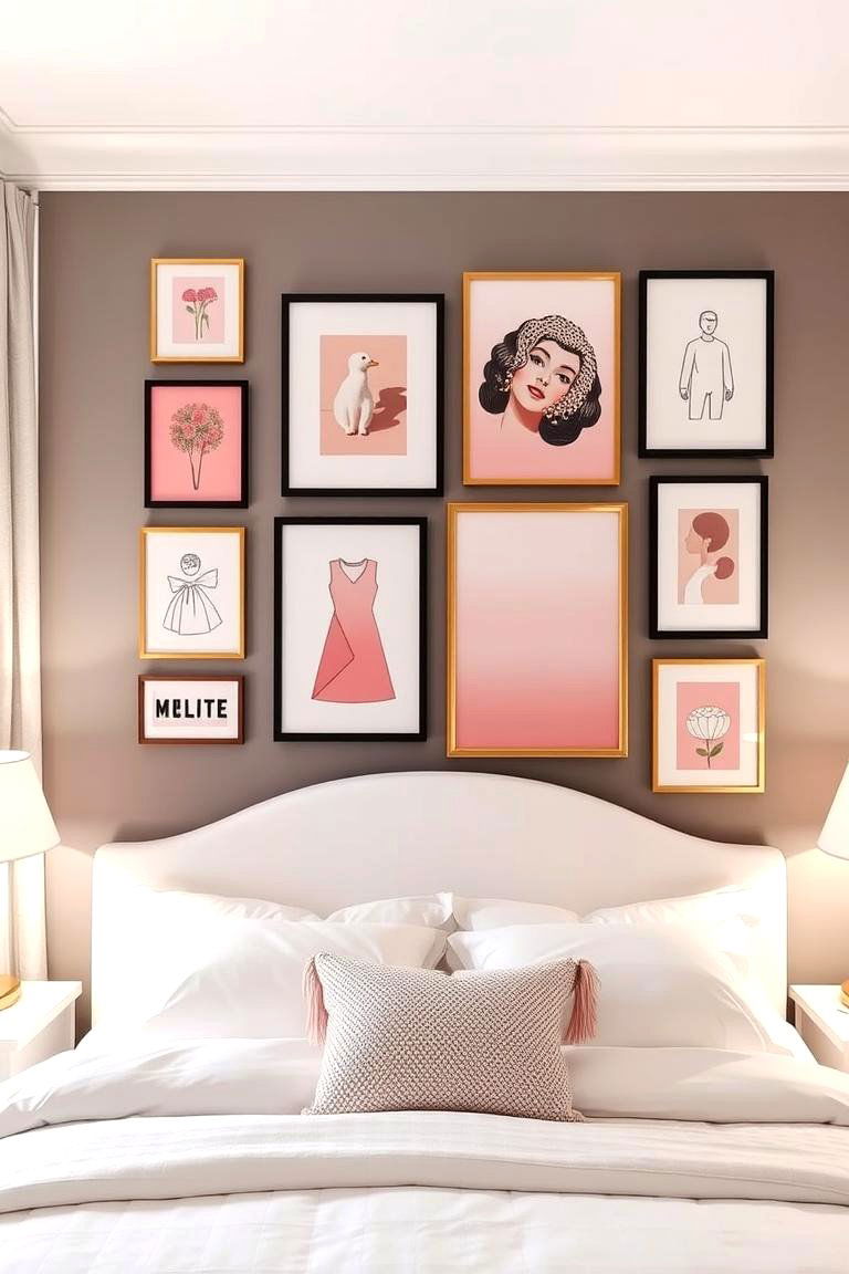 Pink and White Gallery Wall - 24 Pink and White Bedroom Ideas