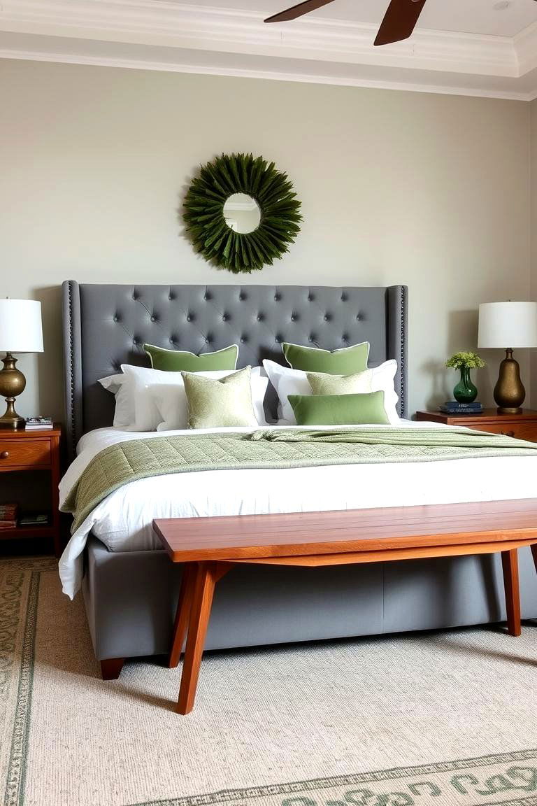 Place a Bench at the Foot of the Bed - 24 Sage Green and Grey Bedroom Ideas