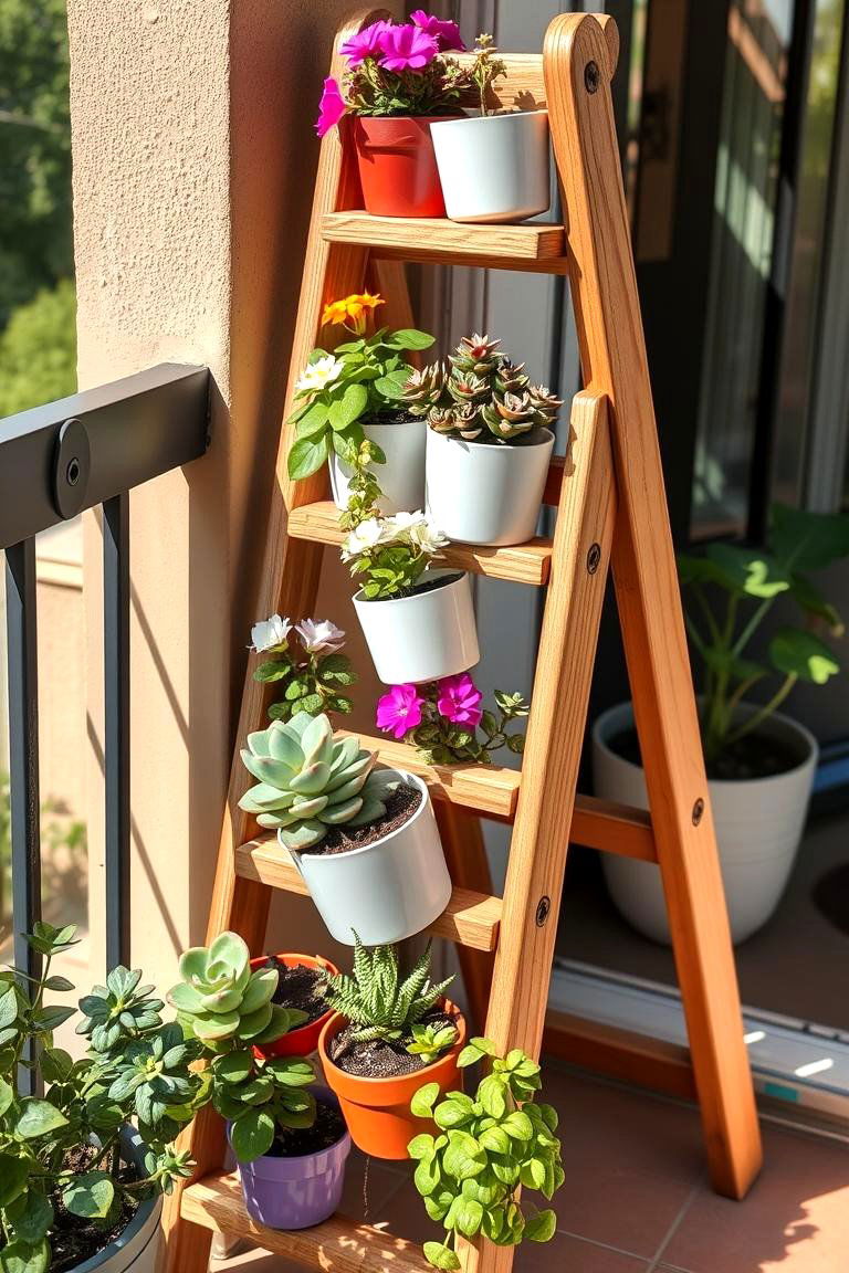 Plant Ladder with Colorful Pots - 24 Potted Plant Arrangement Ideas
