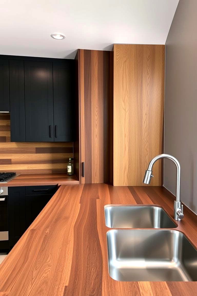 Play with Different Wood Finishes - 24 Kitchen With Black Cabinets And Wood Countertops Ideas